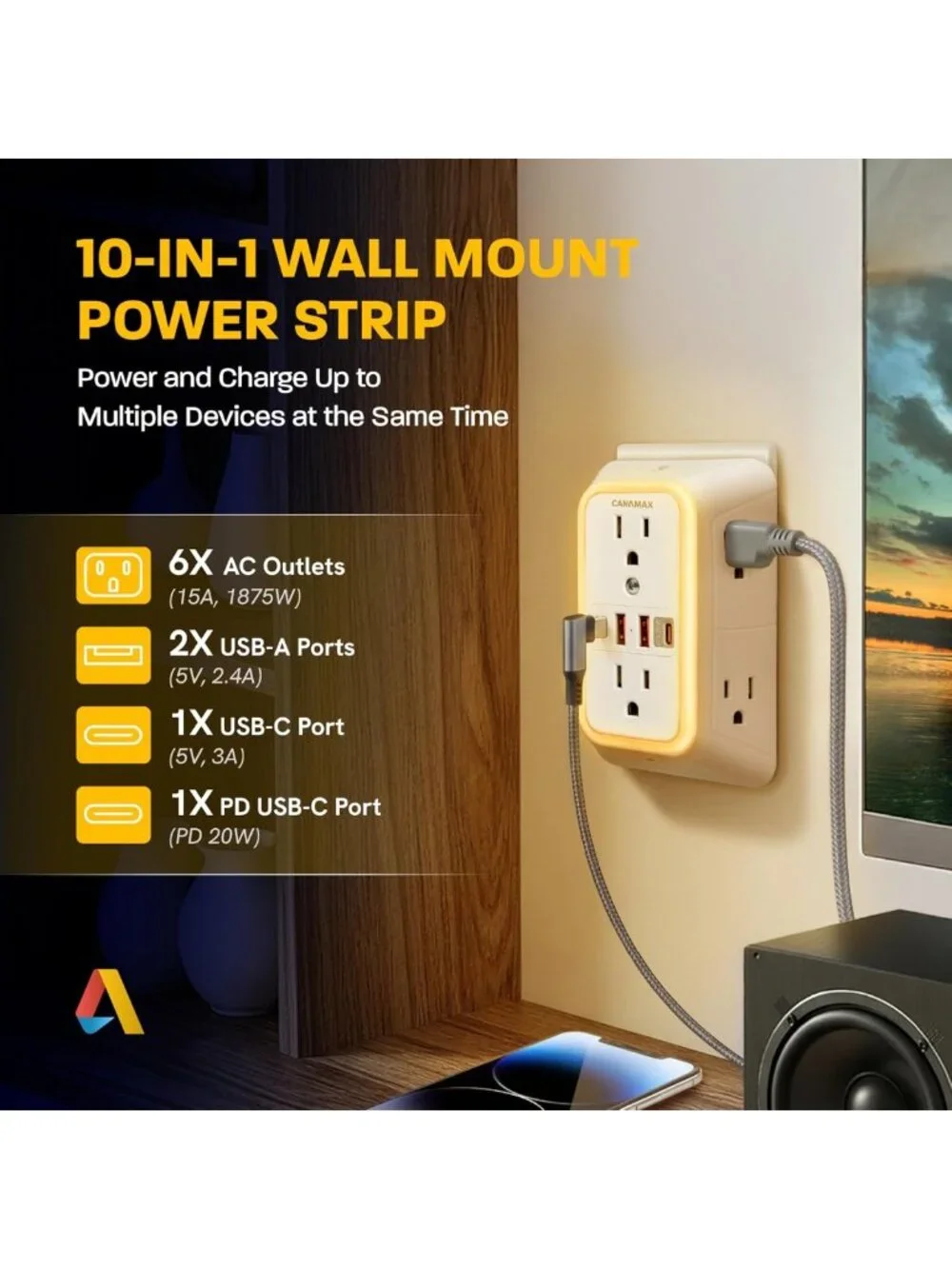 6 Outlet Wall Plug Extender with 4 USB Ports, Fast Charging, Surge Protector